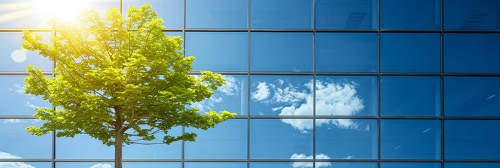Sustainable glass office building in urban setting with tree for carbon reduction