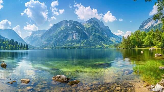 Beautiful mountain lake landscape view. AI generated image