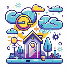 A small house with a blue door and yellow windows sits on a green lawn. There are two trees in front of the house, and a few clouds in the sky. The sun is shining, and there is a rainbow in the sky.