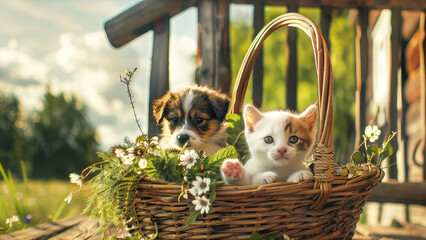 Two adorable kittens and a playful puppy gaze curiously from within a cozy basket near the house entrance