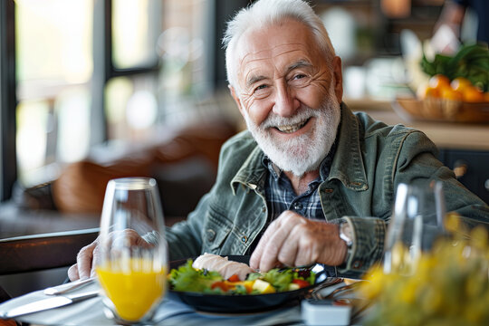 Elderly gentleman in an assisted living facility, contentedly enjoying a nutritious meal, exemplifying a lifestyle of wellness and satisfaction