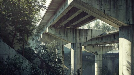 An old colossal concrete flyover construction access building. AI generated image