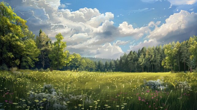 Beautiful landscape field and forest in spring time scene. AI generated image