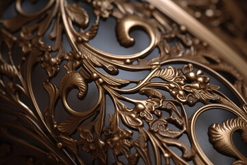 Close-up of elaborate golden floral ornament design with rich textures