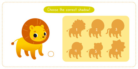 Mini game with cute lion for kids. Find the correct shadow of cartoon animal. Brainteaser for children.