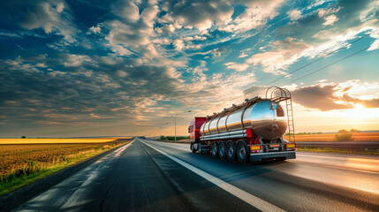 A tanker truck carrying petroleum products cruises down a highway against the backdrop of a vibrant sunset - obrazy, fototapety, plakaty