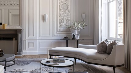 Fototapeta premium Elegant neoclassical lounge area with modern furnishings and detailed architecture