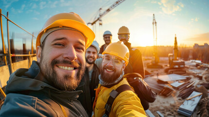 A group of funny, cheerful construction workers stand together in unity, sharing a moment of camaraderie and teamwork