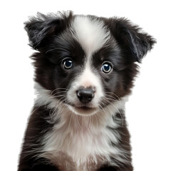 A cute black and white puppy with big eyes and a small tail.