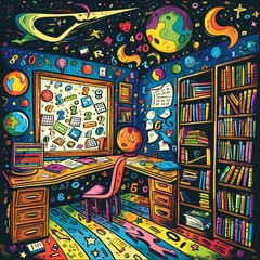 A colorful and whimsical illustration of a home office, filled with books, papers, and other clutter.