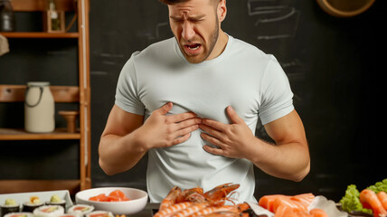 Man holding chest illustrating suffering from liver pain  with other hand holding food. on white background illustrating food allergy or food poison