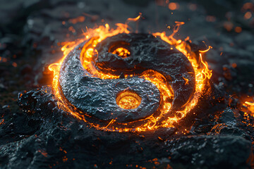 Lava forms a yin yang symbol on rocky terrain symbolizing balance and contrast