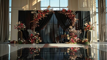 Wedding stage decoration background inside the building with elegant and beautiful flower decorations