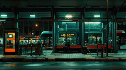 A man sits on a bench in front of a bus stop