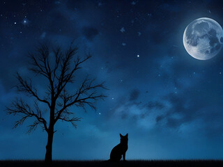 "Silent Guardians: Wolf, Moon, Tree"
