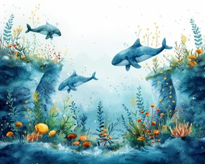Fototapeta premium A watercolor painting of a pod of dolphins swimming in a coral reef.