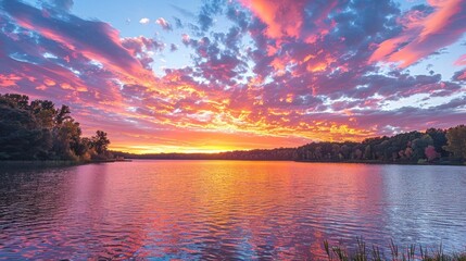 Wonderful colorful clouds at golden sunset over the lake water reflection. AI generated image