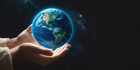 Hands gently hold planet Earth against the backdrop of outer space