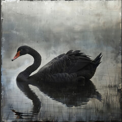 Naklejka premium black swan on a misty lake with a painterly background of trees and sunset
