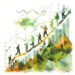 A watercolor painting of people walking up a flight of stairs that are also bar graphs.