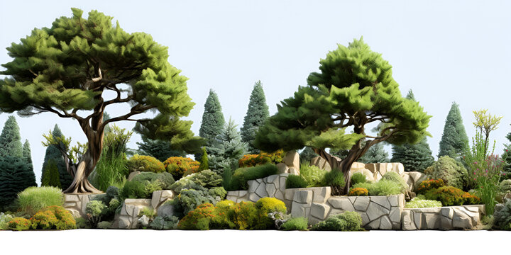 Forest with cutout rocks surrounded by trees.Decorative landscape and painting concept  in background 