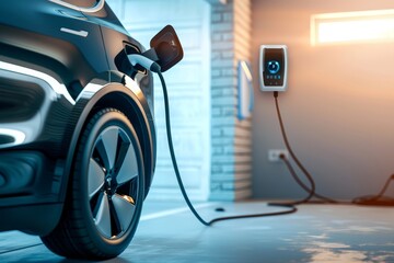 electric car charger on garage wall, closeup