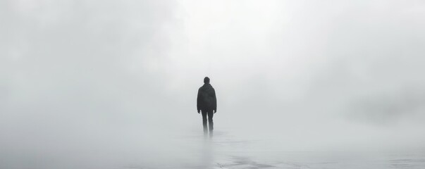 A lone figure stands in the middle of a foggy field. - obrazy, fototapety, plakaty