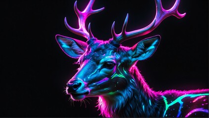 holographic glowing portrait of deer on black dark background from Generative AI
