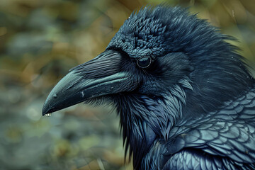 Fototapeta premium A striking black raven captured in detail, showcasing intricate feather patterns, embodying an aura of intrigue in the natural world
