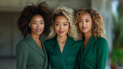 Professional and confident young businesswomen in green, diverse in appearance and ethnicity, standing together in business green suits, with a powerful image of unity and strength