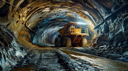 A large yellow truck drives through a dark tunnel in a mining site, its headlights illuminating the...
