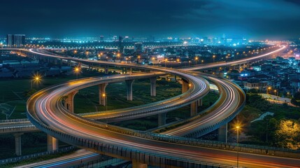 Fototapeta na wymiar Aerial view of curvy city highway overpass with beautiful lights at night scene. AI generated image