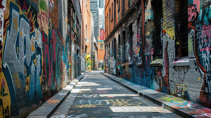 A graffiti covered alleyway with a sun shining down on it - Powered by Adobe