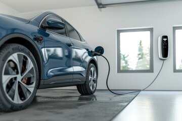 electric car charging process in white garage, closeup