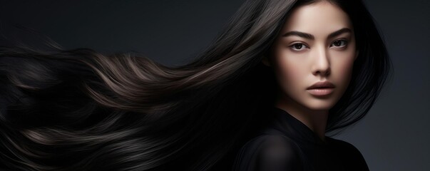 Beauty campaign image of a hair model with strikingly dark, silky hair, set before a backdrop that echoes the dark hues and texture of her hair