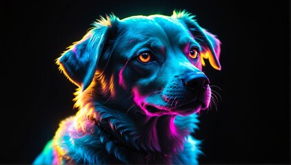 holographic glowing portrait of dog on black dark background from Generative AI