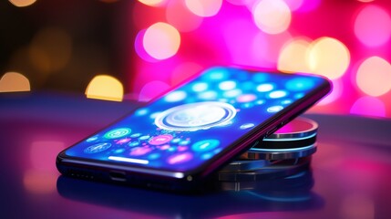 Online casino banner. Smartphone with playing chips on table on blurred neon background with bokeh effect. Internet gambling concept. Banner size, copy space.