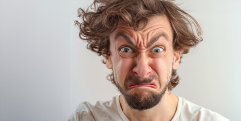 A man with a beard and messy hair is making a funny face. He looks angry and is making a silly expression. annoying british person, white background - obrazy, fototapety, plakaty