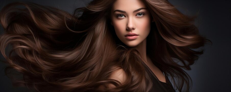 Highend studio portrait of a model sporting luxurious brown hair, with a seamless, smooth background that draws attention to her hair s vibrant tone and silkiness