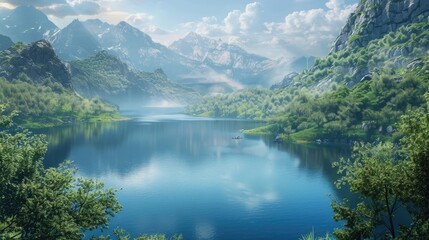 Naklejka na ściany i meble A tranquil lake nestled amidst verdant valleys, where the still waters reflect the azure sky and verdant trees, creating a sense of serenity.
