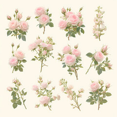Lovely Collection of Blushing Pink Roses with Green Leaves and Stems for Beautiful Flower Arrangements