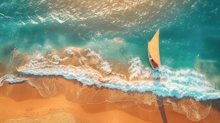 Aerial view ocean beach wave and boat on the natural summer vacation background. AI generated image