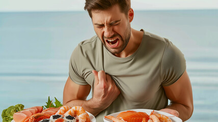 Visualizing Food's Influence: Man Experiencing Heartache, Seafood in Hand with a Beach Background