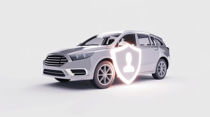 Naklejka premium Car Side Profile with Glowing Shield Emblem in a Bright Room - Safety Auto Insurance.