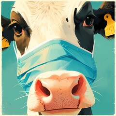 Detailed Rendition of a Cow Wearing a Protective Blue Surgical Mask, Stock Art Image
