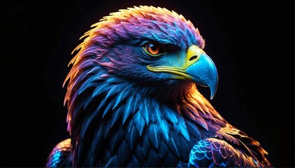 holographic glowing portrait of eagle on black dark background from Generative AI