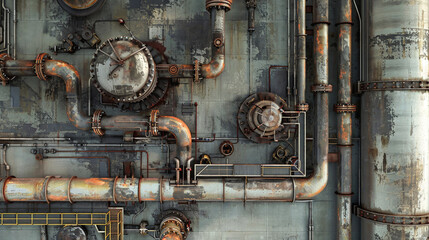 A network of pipes and valves in a vast industrial building, twisting and turning in an intricate dance of functionality and precision