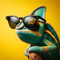 a green chameleon in bright plain yellow background
