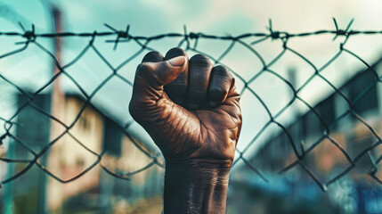 A hand firmly grasps a barbed wire fence with urban buildings visible in the background, symbolizing confinement and resistance