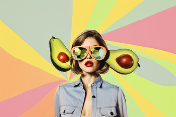 Creative portrait of a beautiful woman in sunglasses with avocado